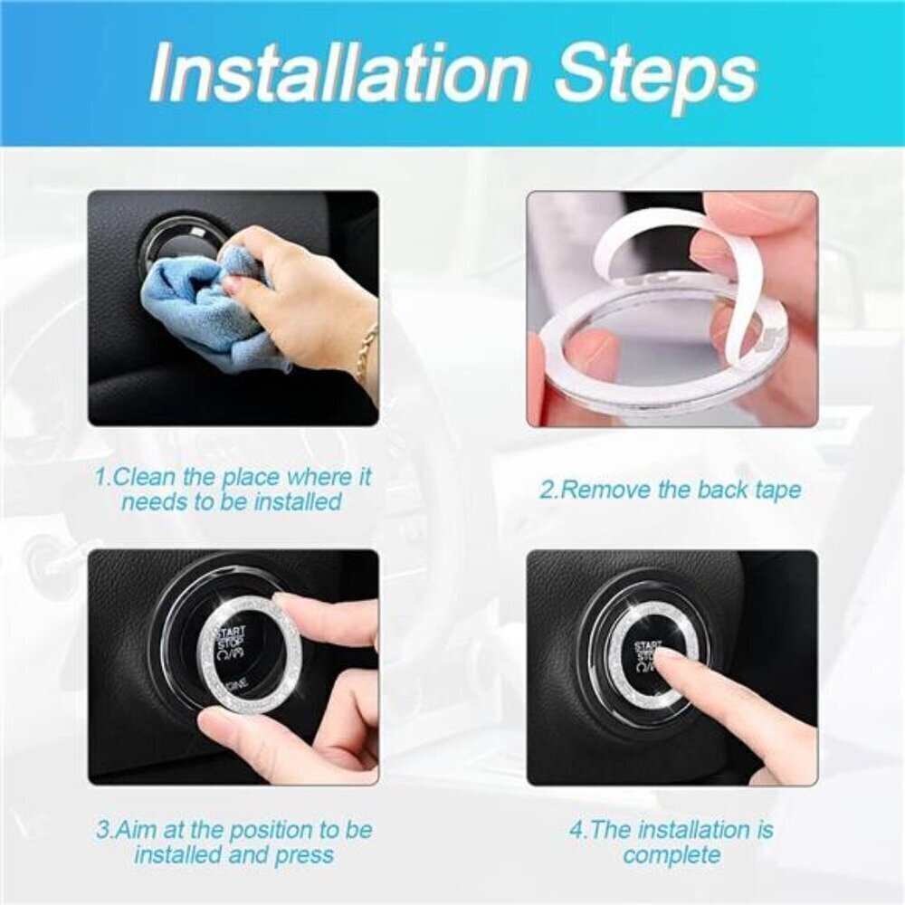 Blue Car Start Button Bling Rhinestone Diamond Engine Button Ring 2-Pack - Picture 4 of 7